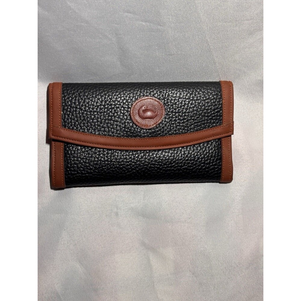 Vtg Dooney & Bourke Black Brown Pebbled All Weather Leather Trifold Wallet